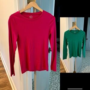 Two J. Crew Long Sleeve Tees (1 green and 1 fuchsia)